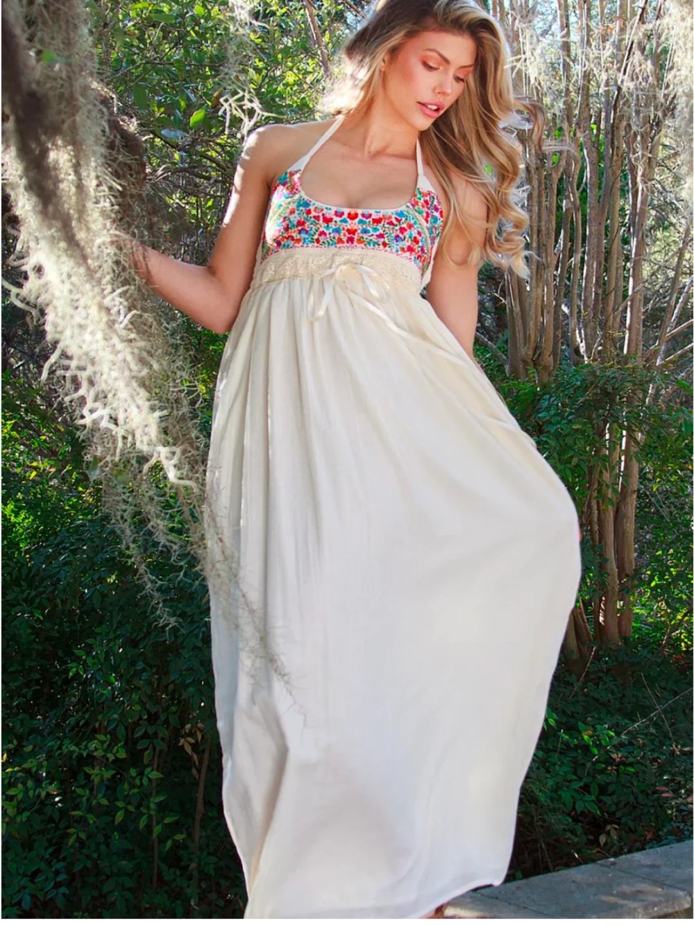 FOX IN GOWN | NWT Mirta Embroidered Boho Cotton Halter Maxi Dress, Size Small